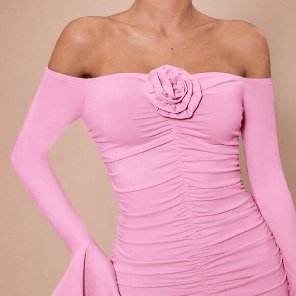 Baby Pink Elegant Women's Long Sleeve Off Shoulder 3d Flower Ruched Maxi dress - Picture 5 of 8